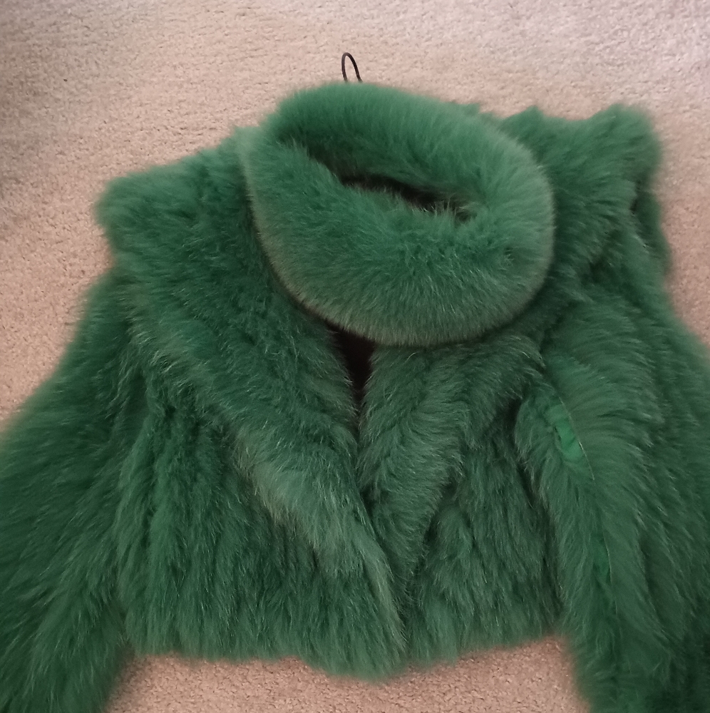 Green Fox fur jacket with matching headband